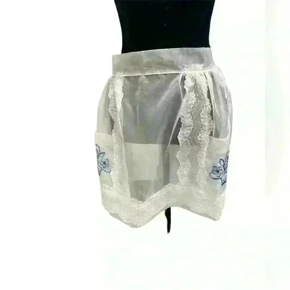 White Vintage Sheer Half Apron Lace Trim  Entertaining Mid Century Hostess - Picture 1 of 5